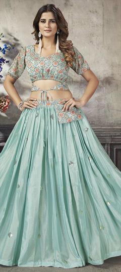 Bridal, Wedding Blue color Ready to Wear Lehenga in Art Silk fabric with A Line Embroidered, Printed, Sequence, Thread work : 1860446