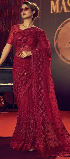Reception Red and Maroon color Saree in Net fabric with Classic Fancy Work work : 1860614