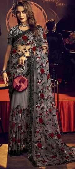Reception Black and Grey color Saree in Net fabric with Classic Fancy Work work : 1860618
