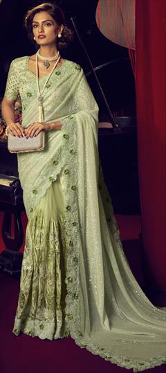 Reception Green color Saree in Net fabric with Classic Fancy Work work : 1860621