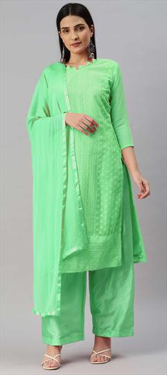 Festive Green color Salwar Kameez in Georgette fabric with Palazzo, Straight Embroidered work : 1860676