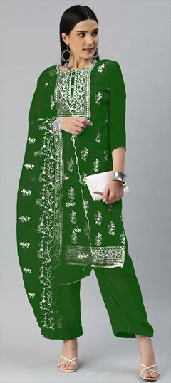 Festive Green color Salwar Kameez in Organza Silk fabric with Palazzo, Straight Embroidered work : 1860688