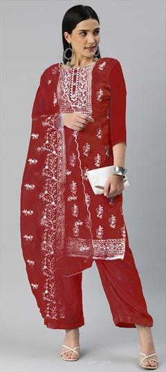 Festive Red and Maroon color Salwar Kameez in Organza Silk fabric with Palazzo, Straight Embroidered work : 1860691