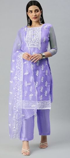 Festive Purple and Violet color Salwar Kameez in Organza Silk fabric with Palazzo, Straight Embroidered work : 1860694