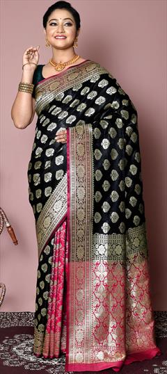 Festive, Traditional Black and Grey, Pink and Majenta color Saree in Kanjeevaram Silk fabric with Classic Weaving, Zari work : 1860715