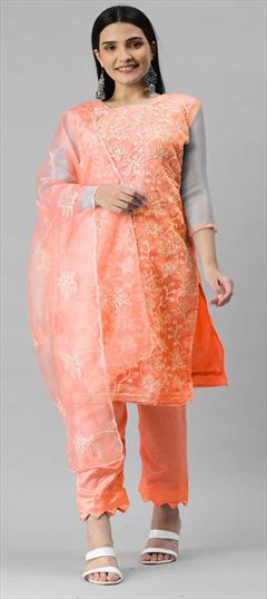 Festive Orange color Salwar Kameez in Organza Silk fabric with Straight Embroidered work : 1860747