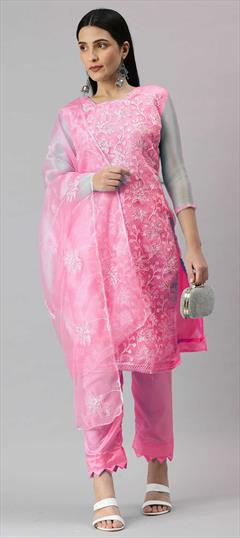 Festive Pink and Majenta color Salwar Kameez in Organza Silk fabric with Straight Embroidered work : 1860749