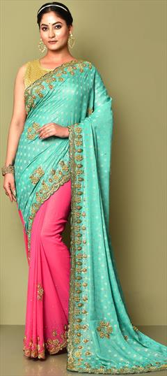 Festive Blue, Pink and Majenta color Saree in Jacquard, Shimmer fabric with Classic Moti, Stone work : 1860755
