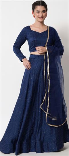 Festive, Navratri Blue color Lehenga in Cotton fabric with A Line Fancy Work, Sequence work : 1860817