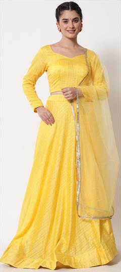 Festive, Navratri Yellow color Lehenga in Cotton fabric with A Line Fancy Work, Sequence work : 1860829