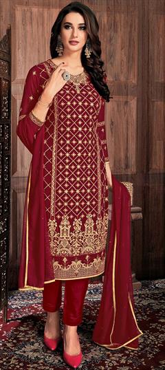 Bollywood Red and Maroon color Salwar Kameez in Georgette fabric with Straight Embroidered, Stone, Thread, Zari work : 1860836