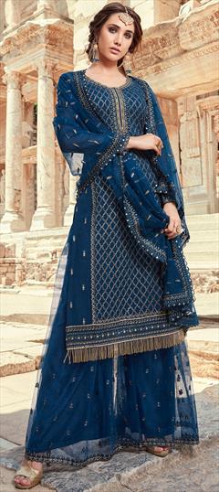 Bollywood Blue color Salwar Kameez in Georgette fabric with Palazzo Embroidered, Stone, Thread, Zari work : 1860845
