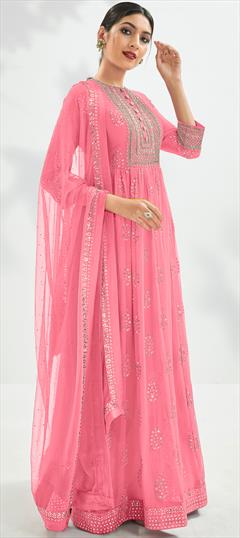 Bollywood Pink and Majenta color Salwar Kameez in Georgette fabric with Anarkali Embroidered, Stone, Thread, Zari work : 1860848