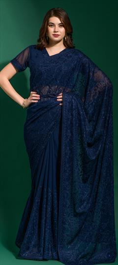 Party Wear, Reception, Wedding Blue color Saree in Georgette fabric with Classic Embroidered, Fancy Work, Thread work : 1860869