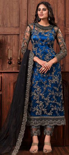 Bollywood Blue color Salwar Kameez in Net fabric with Straight Embroidered, Stone, Thread, Zari work : 1860906