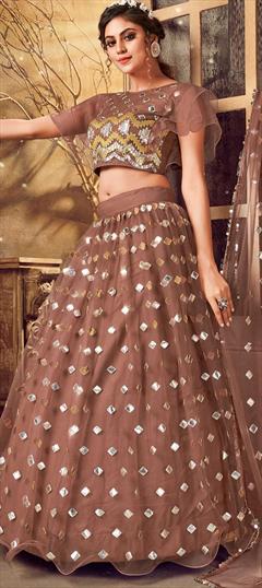 Bollywood Beige and Brown color Lehenga in Net fabric with Embroidered, Stone, Thread work : 1860932