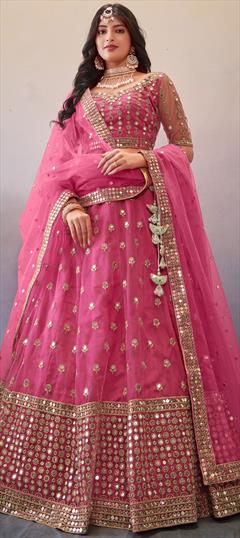 Party Wear, Reception Pink and Majenta color Lehenga in Net fabric with A Line Embroidered, Sequence work : 1860938