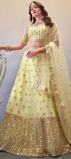 Festive, Party Wear Yellow color Lehenga in Net fabric with A Line Embroidered, Sequence work : 1860941
