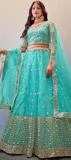 Festive, Party Wear Blue color Lehenga in Net fabric with A Line Embroidered, Sequence work : 1860943