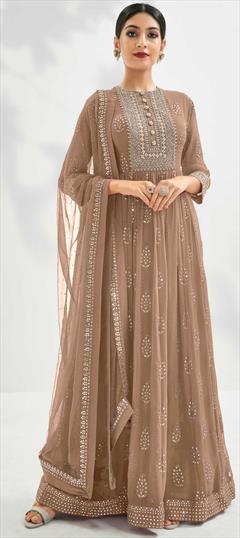 Bollywood Beige and Brown color Salwar Kameez in Georgette fabric with Anarkali Embroidered, Stone, Thread, Zari work : 1860955