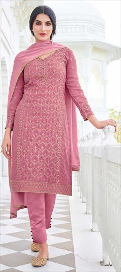 Bollywood Pink and Majenta color Salwar Kameez in Georgette fabric with Straight Embroidered, Stone, Thread work : 1860956