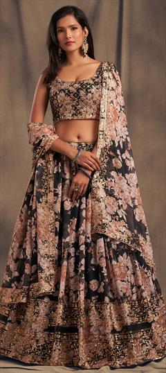 Bollywood Black and Grey color Lehenga in Organza Silk fabric with Embroidered, Floral, Printed, Sequence, Thread work : 1860976