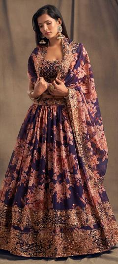 Bollywood Blue color Lehenga in Organza Silk fabric with Embroidered, Floral, Printed, Sequence, Thread work : 1860978
