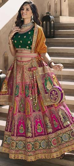 Engagement, Mehendi Sangeet, Party Wear, Reception, Wedding Beige and Brown, Pink and Majenta color Lehenga in Banarasi Silk fabric with A Line Embroidered, Lace, Resham, Sequence, Zari work : 1860999