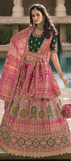 Engagement, Mehendi Sangeet, Party Wear, Reception, Wedding Pink and Majenta color Lehenga in Banarasi Silk fabric with A Line Embroidered, Lace, Resham, Stone, Zari work : 1861004