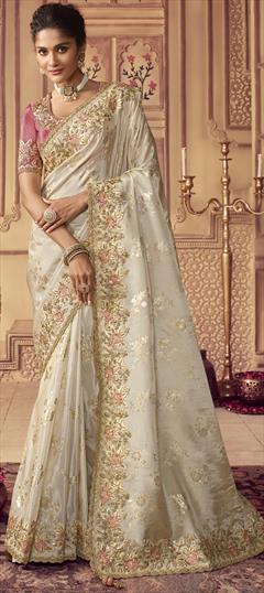 Mehendi Sangeet, Reception White and Off White color Saree in Viscose fabric with Classic Embroidered, Sequence, Zari work : 1861029