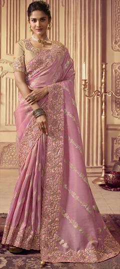 Mehendi Sangeet, Reception Pink and Majenta color Saree in Viscose fabric with Classic Embroidered, Sequence, Zari work : 1861034