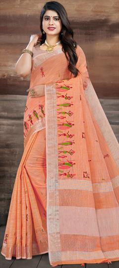 Traditional Orange color Saree in Linen fabric with South Embroidered work : 1861061