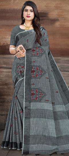 Traditional Black and Grey color Saree in Linen fabric with South Embroidered work : 1861062