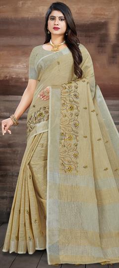 Traditional White and Off White color Saree in Linen fabric with South Embroidered work : 1861065