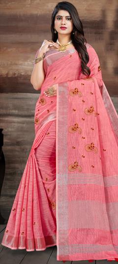 Traditional Red and Maroon color Saree in Linen fabric with South Embroidered work : 1861067
