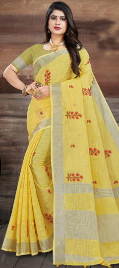 Traditional Yellow color Saree in Linen fabric with South Embroidered work : 1861069