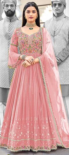 Bollywood Pink and Majenta color Salwar Kameez in Georgette fabric with Anarkali Embroidered, Sequence, Thread work : 1861081