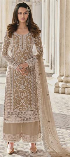 Bollywood Beige and Brown color Salwar Kameez in Net fabric with Palazzo, Straight Embroidered, Sequence, Thread work : 1861082