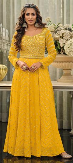 Bollywood Yellow color Salwar Kameez in Georgette fabric with Anarkali Embroidered, Sequence, Thread work : 1861084