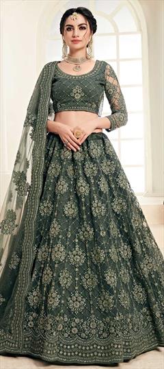 Bollywood Green color Lehenga in Net fabric with Embroidered, Stone, Thread work : 1861085