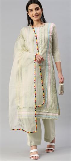Casual White and Off White color Salwar Kameez in Cotton fabric with Straight Embroidered, Thread work : 1861095
