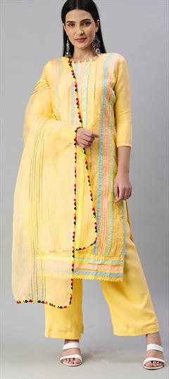 Casual Yellow color Salwar Kameez in Cotton fabric with Straight Embroidered, Thread work : 1861096