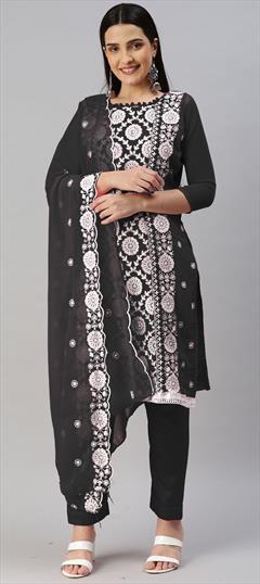 Casual Black and Grey color Salwar Kameez in Georgette fabric with Straight Embroidered, Thread work : 1861097
