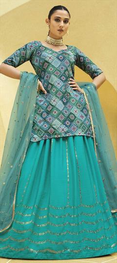 Festive, Navratri Blue color Ready to Wear Lehenga in Crepe Silk fabric with A Line Foil Print, Sequence work : 1861117