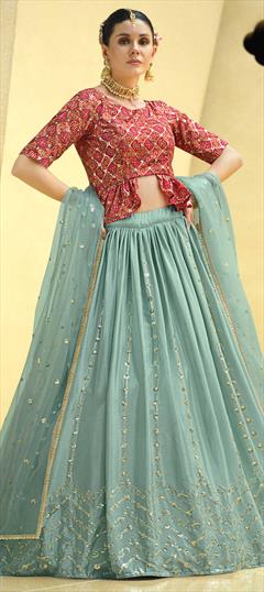Festive, Navratri Blue color Ready to Wear Lehenga in Crepe Silk fabric with A Line Foil Print, Sequence work : 1861121