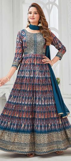 Reception Blue color Salwar Kameez in Georgette fabric with Anarkali Embroidered work : 1861151
