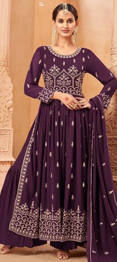 Reception, Wedding Purple and Violet color Salwar Kameez in Faux Georgette fabric with Palazzo Embroidered work : 1861171