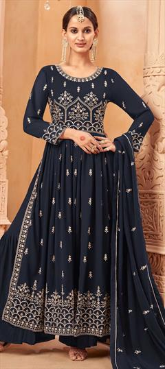 Reception, Wedding Black and Grey color Salwar Kameez in Faux Georgette fabric with Palazzo Embroidered work : 1861172