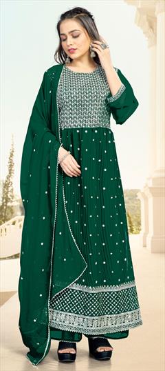 Reception, Wedding Green color Salwar Kameez in Georgette fabric with Straight Embroidered work : 1861174