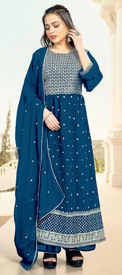 Reception, Wedding Blue color Salwar Kameez in Georgette fabric with Straight Embroidered work : 1861175